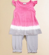 A charming ombré tunic meets a cozy pair of matching pants with ruffled trim for a cute and colorful ensemble.Round necklineRuffled cap sleevesPullover styleElastic waist and hem50% pima cotton/50% modalMachine washImported