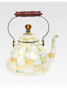 With cheerful hand-painted checks and a shimmering bronzed rim, this shapely kettle is sure to become a stovetop staple.From the Parchment Check collectionBronzed stainless steel rimEnameled steelHand washImported