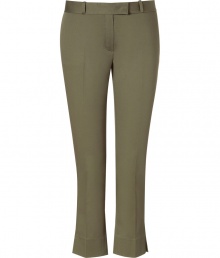 Elegant pants in fine, khaki cotton blend - Especially comfortable and flattering, thanks to a touch of stretch - Slim, on-trend 7/8 cut crops at ankles - Medium low rise, with tab waist and belt loops - Slash pockets at sides, welt pockets at rear - Crease detail elongates the silhouette - Polished and versatile, seamlessly transitions from day to evening - Pair with a blazer and silk blouse or tank and ballet flats or open toe pumps