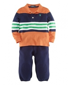 An adorable matching set features a signature striped polo and comfy fleece sweatpants for the ultimate casual-ready ensemble