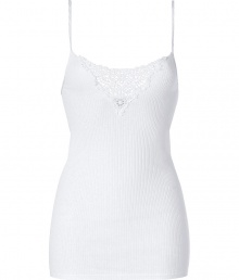 Stylish top in a fine cotton-linen blend - in summery elegant white - glam lace detail around the decollete - slim, fitted cut, slim straps - casual ribb look - a dream top, comfy like a shirt, decorative like a blouse - wear under a suit or with a pleated skirt or hot pants