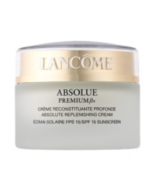 Repair – Intense Moisture – Clarity. Lancôme Laboratories sets the new standard in skincare to fight visible effects of age and hormonal changes. Absolue Premium ßx SPF 15 Cream revolutionizes skin replenishment by combining two advanced discoveries in one luxuriously rich cream: Pro-Xylane(tm), a patented scientific breakthrough: an exceptional and precise molecule, restores essential moisture deep in the structure of skin's surface.  So skin regains youthful substance, firmness, and radiance – as if signs of aging are visibly repaired. The intensely replenishing ßio-Network(tm) – wild yam, soy, sea algae and barley – helps enhance performance for visible rejuvenation. See the transformation, verified by women*: Visible Repair: Wrinkles appear reduced. 85% experience improved elasticity and firmness.Intense Moisture: 91% feel skin is nurtured.  Re-plumped with life.Clarity:  A radiant, even skin tone is revealed.*Percentage of women who noted visible facial improvement after 4 weeks during an 8-week consumer test.NON-COMEDOGENIC.NON-ACNEGENIC. DERMATOLOGIST-TESTED FOR SAFETY