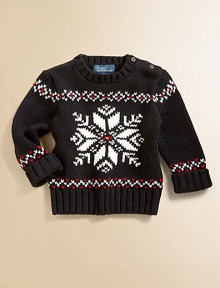 An intarsia-knit snowflake design adorns this timeless crewneck sweater for heritage style.Ribbed crewneckLong sleeves with turn-back cuffsShoulder buttonsCottonMachine washImported Please note: Number of buttons may vary depending on size ordered. 