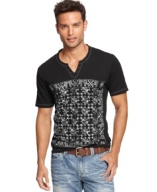 Upgrade your t-shirt style with this split neck graphic tee from INC International Concepts.