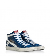 Modeled after vintage skate sneakers, this high-end version from Golden Goose will add an instant upgrade to your casual-cool style - High-top style, stitched toe, lace up front, side stripe and star detail, exposed side zip closure - Style with skinny jeans, a mini-skirt, or cut off denim shorts