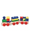 Wheeled train cars provide the bases for this wooden stacking train. Featuring fifteen colorful pieces that slide onto sturdy pegs, the train can be configured over and over again. More than seventeen inches long when the cars are hooked together!