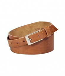 Maison Martin Margielas signature brand of elegant, quirky cool punctuates this chic cognac-hued belt - Crafted in an ultra-supple bovine leather - Elongated rectangular silver-tone buckle - Wider cut becomes increasingly narrower towards the buckle - A unique twist on a venerable classic, perfect for pairing with a white button down and slim trousers or a long cardigan and miniskirt