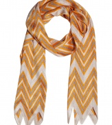 Stylish scarf in fine, viscose and silk blend - A luxe, future classic from knitwear stalwart Missoni - Chic mandarin and sand colorway - Elegant zigzag motif extends to the hem - Moderately long and wide style drapes beautifully - Versatile and polished, perfect for pairing with everything from jeans and a t-shirt to a blazer and trousers