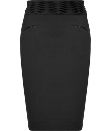 Ultra modern and exquisitely chic, LAgences structural pleated pencil skirt is an understated contemporary choice for ladylike cocktail looks - Structural wave pleated waistband, patent trimmed front slit pockets, hidden back zip, kick pleat - Form-fitting - Wear with tucked in tops and flawless pin heels