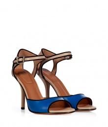 Detailed with black suede trim for a contemporary look, Givenchys colorblocked sandals lend a sleek modern edge to any outfit - Open toe, blue front strap, nude cut-out back counter, ankle strap with silver-toned roller buckle, black suede trim - Stiletto high heel - Wear with a silk tee and full mid-length skirt