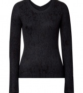 The perfect companion to trend-favorite leather leggings, Theyskens Theorys gauzy knit pullover counts as a modern must-have - Rounded neckline in front, V-neckline in back, raw edges, slightly longer back hemline - Layer over a neon bra top to play up peek-a-boo patterning