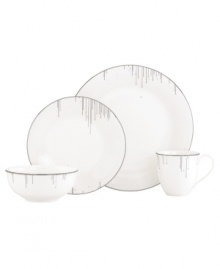 Bone china with platinum edges drips glittering icicles on slick, snowy white from Lenox Lifestyle dinnerware. The dishes included in Platinum Ice place settings are a recipe for cool in modern decor, delivering unique, unforgettable style to quiet meals and casual get-togethers. Qualifies for Rebate