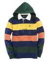 A long-sleeved rugby is updated with a hood for a classic look.