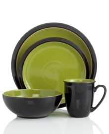 Be bold at the casual table with slick black and lime-green Duets dinnerware that's built to last and crafted to withstand dishwasher, microwave and oven use. From Denby's collection of place settings.