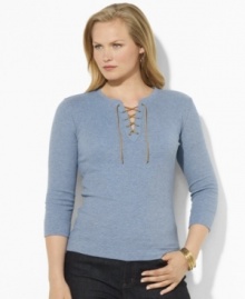 Lauren Ralph Lauren's fine-ribbed plus size cotton tee is finished with chic three-quarter-length sleeves and a lace-up placket for a feminine look.