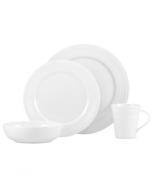 The simple ridged pattern of this Tin Can Alley place setting gets in shape for modern tables. From Lenox dinnerware, the dishes are in versatile white china for coordinating with any table and decor.