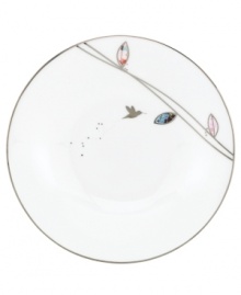 Hummingbirds twirl and buzz from flowery pink leaves to blue on dreamy bone china dessert plates from Lenox Lifestyle dinnerware. The dishes from the Silver Song collection are crisscrossed with platinum branches and abound with fanciful springtime delight and irresistible modern charm. Qualifies for Rebate