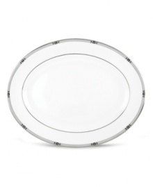 An art deco inspired design, platinum trim and metallic dots lend the Westerly Platinum oval platter sophisticated polish. Part of a versatile Lenox dinnerware collection designed to complement a variety of settings. Qualifies for Rebate