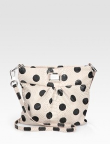 Painted polka dots over snake-embossed PVC make for a chic combination in this pleated silhouette.Detachable shoulder strap, 22 dropTop zip closureOne inside zip pocketTwo inside open pocketsFully lined11W X 10H X 1/4DImported