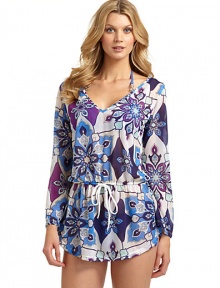 THE LOOKFloral paisley printV-neckLong, slight bell sleevesDrawstring front at dropped waistTHE FITAbout 29 from shoulder to hemTHE MATERIAL80% nylon/20% spandexCARE & ORIGINDry cleanMade in USAModel shown is 5'10 (177cm) wearing US size Small. 