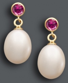 A sweet touch of femininity. These polished drops combine cultured freshwater pearls (8-1/2-9 mm) with round-cut amethyst (1/2 ct. t.w.) in a 14k gold bezel setting. Approximate drop: 3/4 inch.