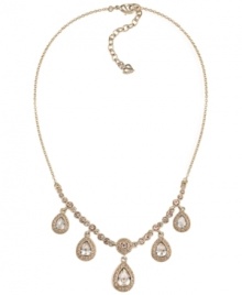 Lovely and luminous. Carolee's five teardrop frontal necklace features sparkling glass accents in 12k gold-plated mixed metal. Approximate length: 16 inches + 2-inch extender. Approximate drop: 1-1/4 inches.