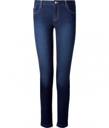 Skinny jeans in deep blue stretch cotton with contrasting stitching - Features a traditional design with five-pocket styling and a waistband with belt loops - Slightly faded wash - Flattering fit highlights backside and lengthens the legs - Perfect jeans for work or play - Wear with button down shirt, blazer and heels at the office or with a favorite tee and flats for the weekend