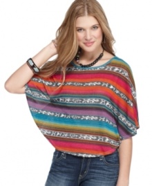 Add a rich tribal print to your trove of tops with this poncho style from Living Doll!