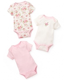 She'll look sweet all week in this trio of comfy cotton bodysuits, with loving details like ribbons and flower embroidery.