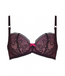 Add seductive appeal to the everyday with this lace-laden contour bra from Elle MacPherson Intimates - Pink with contrasting black lace overlay, front bow detail, underwire, soft cups, thin adjustable straps, back hook and eye closure - Style with a low-cut top or party-ready frock