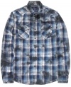 This plaid woven shirt from guess gives you a stylish break from your everyday pattern.