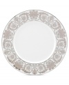 Fine dining will flourish with the Artemis accent plate from Lenox. A rich floral pattern and wide bands of sumptuous platinum in white bone china embody classic elegance.