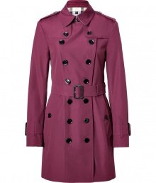 With heritage detailing reflecting the original Burberry trench coat, this richly hued technical cotton-blend version from Burberry London counts as a sartorial, multi-season investment - Classic collar with belted latch and hook closure, set-in long sleeves with belted cuffs, epaulettes, double gun flaps, double-breasted button-down front, belted waist, rain shield - Fitted silhouette - Pair with slim trousers or jeans and a cashmere pullover