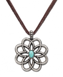 Worn long or wrapped up short, this Lucky Brand necklace adds the perfect amount of rugged charm to any look. Flower pendant carved in worn silver tone mixed metal with semi-precious reconstituted calcite turquoise stone at center of petals. Suspended from brown cord. Approximate length: 34 inches. Approximate drop: 2 inches.