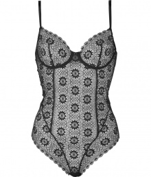 Sultry black crochet lace bodysuit - This ultra-sexy bodysuit is perfect under clothes or for a boudoir-ready look on its own! - Sweet crochet lace detail and flattering fit - Made by high-end intimate apparel brand Kiki de Montparnasse