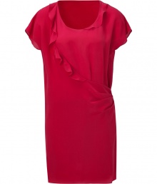 Simple, sweet silk dress in pink - Fashionable and narrow straight cut, with asymmetric draping detail - Feminine crew neck, short sleeves and sexy mini length - Go-to dress for countless warm-weather occasions.  Style with peep toe pumps or wedges