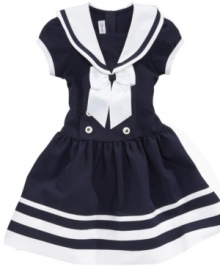 Her style sense will gain steam in this lovely nautical-inspired frock from Bonnie Jean. Contrast ribbon and button detailing give this dress an authentic flair.