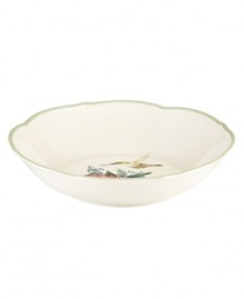 Garden party. The Floral Meadow pasta bowl brings eternal spring with a mixed bouquet rooted in resilient everyday porcelain. A scalloped edge and green banding add to the charm of the graceful mix-and-match Lenox dinnerware collection. Qualifies for Rebate