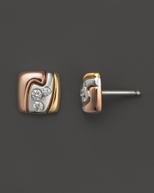 Artfully scattered diamonds embellish these modern stud earrings in rose, white and yellow gold. From Georg Jensen.