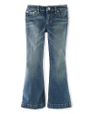 Faded denim is crafted in a chic flared silhouette with a hint of stretch for a cute, classic look.