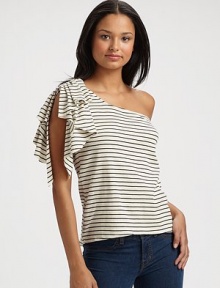 A drapey ruffle tumbles down the side of this soft one-shoulder knit.Bust darts Rounded hem dips lower in back About 23 from shoulder to hem 70% cotton/30% polyester Machine wash Imported