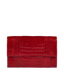 Invest in multi-season sophistication with Nancy Gonzalezs sleek croco clutch, an ultra luxurious choice in radiant red - Flap with hidden magnetic closures, back slit pocket with hidden magnetic closure, zippered front sectional pocket, inside zippered back wall pocket, front wall slot pocket, tan suede lining - Carry as a finish to chic evening looks