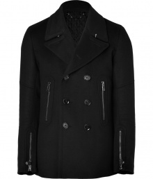 Sophisticated with a downtown edge, this wool-cashmere pea coat from British heritage brand Belstaff gets toughened up with a zipper-laden motorcycle styling - Spread collar, double-breasted with button front placket, long sleeves with exposed zip cuffs, exposed zip pockets, moto-styled seaming at arms, belted back waist with adjustable buttons - Slim fit - Style with jeans or slim trousers, a long sleeve henley, and motorcycle boots