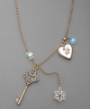 Unlock sweet style with this charm necklace in mixed metal by Lucky Brand. Goldtone chain featuring key, flower and heart charms. Approximate length: 16 inches, plus 2-inch extender. Approximate drops: flower, 3 inches; key, 2 inches.