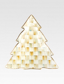 Hand-painted and trimmed with golden accents, this checked tree-shaped tray is both festive and chic. Each piece is kiln-fired four times, giving it an elegant, lustrous sheen.From the Parchment Check collectionCeramic with golden lustre20½ x 21½Hand washMade in USA