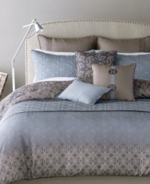 Bryan Keith offers a cool, contemporary look for the bedroom with this Kokomo comforter set, featuring an ice blue hue, fading as its moves to the foot of the bed, atop a printed pattern for a completely chic technique. Lush quilted designs are drawn into the set for layers of depth and details on the bed.