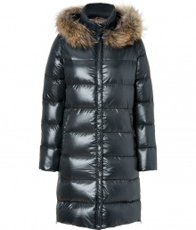 Add luxe style to your cold weather look with this full-length Duvetica down coat with a fur-trimmed hood - Fur-trimmed hood, stand collar, long sleeves dual-zipper front closure, zip pockets, quilted, slim fit, full-length - Wear with an oversized pullover leather leggings or skinny jeans, and ankle booties