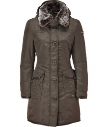 Military-inspired details inform this fitted fur-trimmed down coat from Peuterey- Hooded, large fur collar, concealed front zip closure with front button placket, long sleeves, slit pockets at chest, flap pockets at waist, slim fit, thigh length - Wear with a cashmere pullover, skinny jeans, and shearling-lined boots