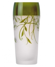 Silhouetted vines unfurl from a band of green on this softly frosted crystal vase, bringing a fresh hint of the outdoors in. Its simple, rounded shape is etched for earthy allure with or without a bouquet. Qualifies for Rebate