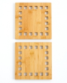 Every inch of your table is covered in great taste! Practical, simple and stunning, these bamboo trivets set the standard when you dine. The geometric border detailing accentuates the natural coloring of these eco-friendly accents. Lifetime warranty.